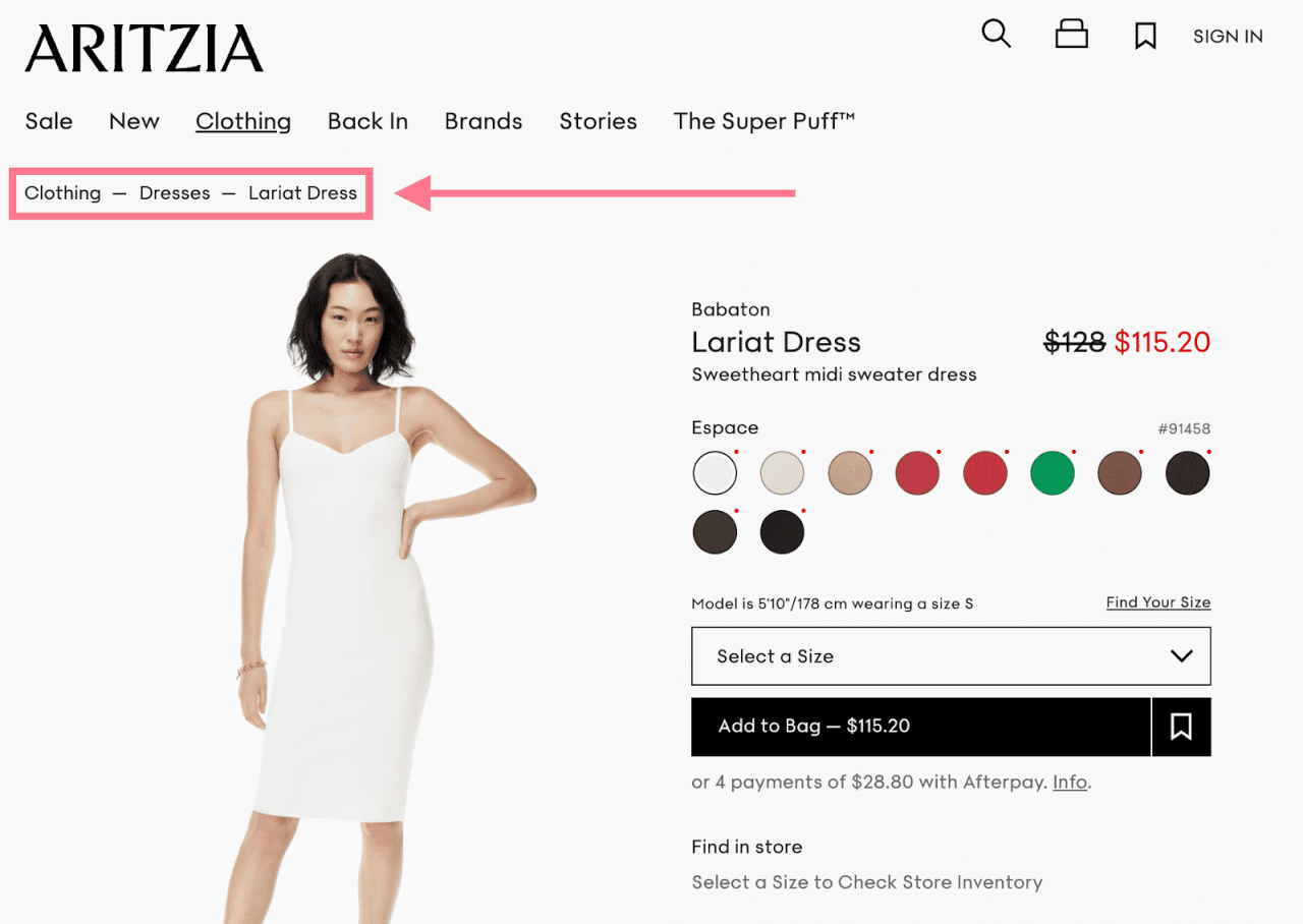 aritzia 网站上的面包屑